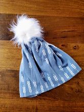 Load image into Gallery viewer, Steel Grey with modern white arrows Stretch Knit Pom Pom Hat
