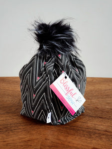 Black with large chevron and pink triangles Stretch Knit Pom Pom Hat
