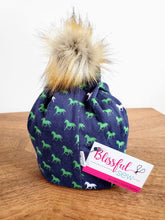 Load image into Gallery viewer, Navy with green horses Stretch Knit Pom Pom Hat
