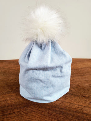 Stretch cotton knit hat with snap off pompom. Easy wash, comfy wear