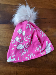 Hot and Pale Pink flowers Stretch Knit Pom Pom Hat