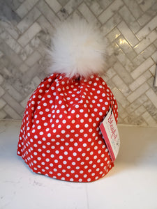 Red with white polka dots Stretch Knit Pom Pom Hat