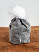 Load image into Gallery viewer, Stretch Knit Pom Pom Hat -Flat grey with mini white triangles
