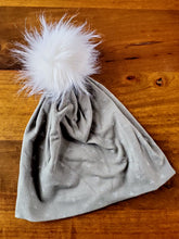 Load image into Gallery viewer, Stretch Knit Pom Pom Hat -Flat grey with mini white triangles
