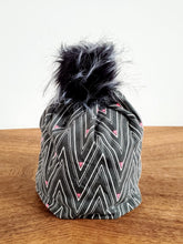 Load image into Gallery viewer, Black with large chevron and pink triangles Stretch Knit Pom Pom Hat
