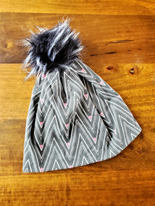 Black with large chevron and pink triangles Stretch Knit Pom Pom Hat