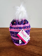 Load image into Gallery viewer, Purple Pink striped mini hearts and flowers Stretch Knit Pom Pom Hat
