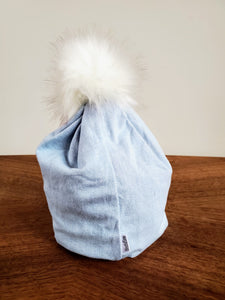 Pale Blue Denim Stretch Knit Pom Pom Hat