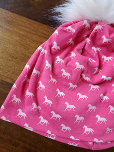 Pink Horses Stretch Knit Pom Pom Hat
