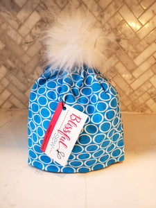 Teal Blue with White Circles Stretch Knit Pom Pom Hat