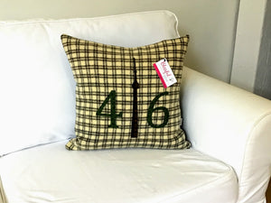 Cream pillow with chocolate brown squares. Moss numbers and plaid CN Tower.