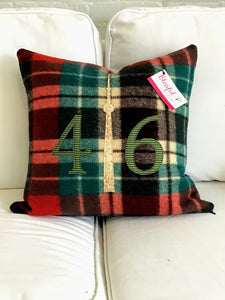 Felted Wool Blanket Pillow - Christmasy plaid background with moss green check numbers and mottled cream CN Tower