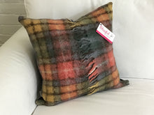 Load image into Gallery viewer, Felted Angora Wool Blanket Pillow - Beautiful combination of soft blue, red, mustard, green check with original blanket fringe along the front
