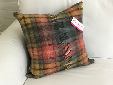 Felted Angora Wool Blanket Pillow - Beautiful combination of soft blue, red, mustard, green check with original blanket fringe along the front