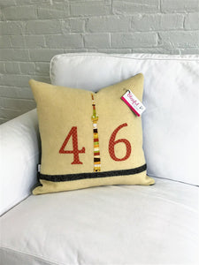 Cream pillow with modern black stripe. Rust numbers and coordinating CN Tower